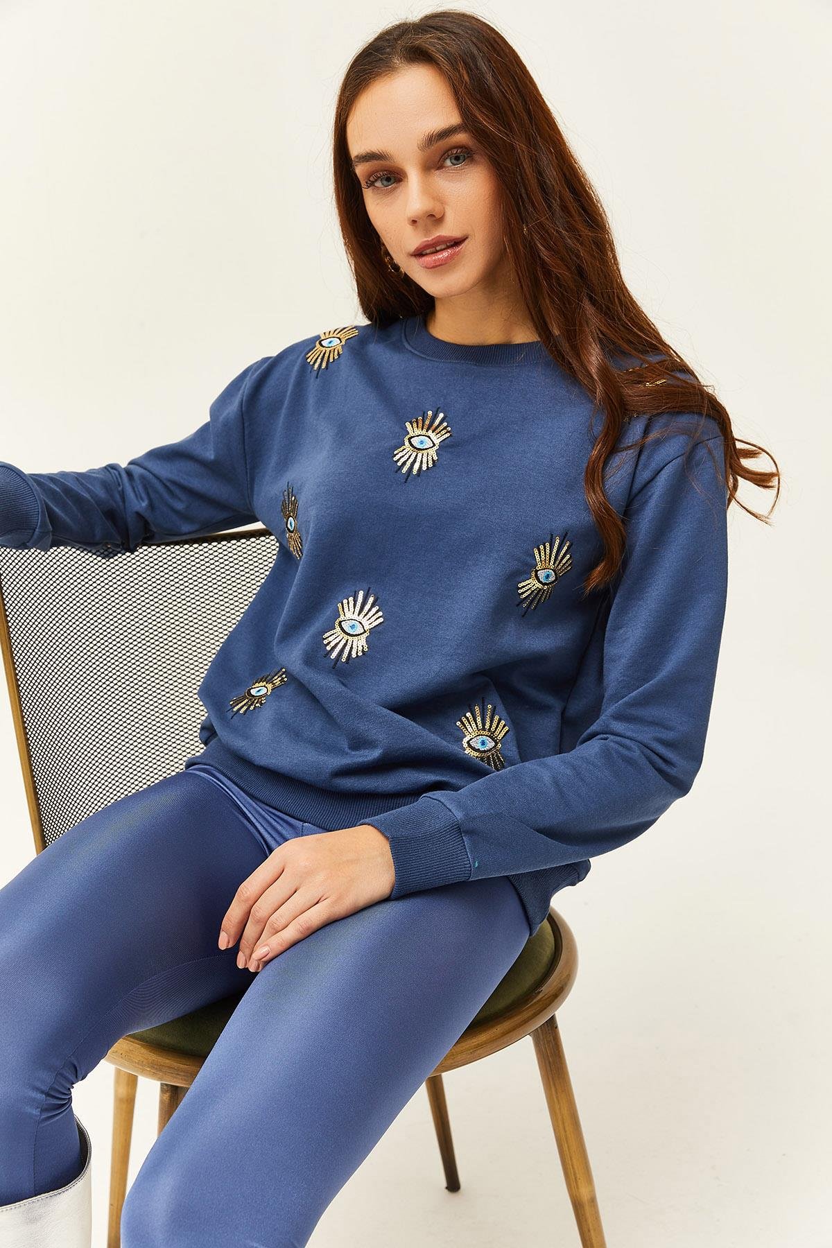 Göz Nakışlı Mevsimlik Sweatshirt İndigo