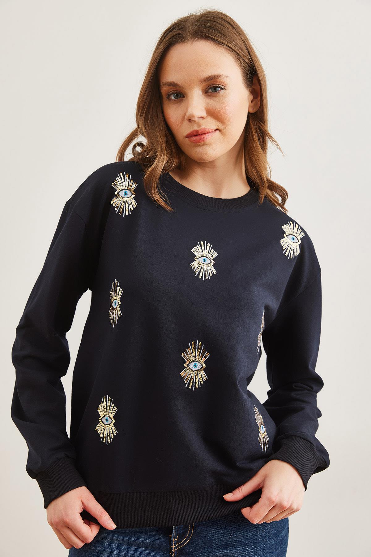 Göz Nakışlı Mevsimlik Sweatshirt Lacivert