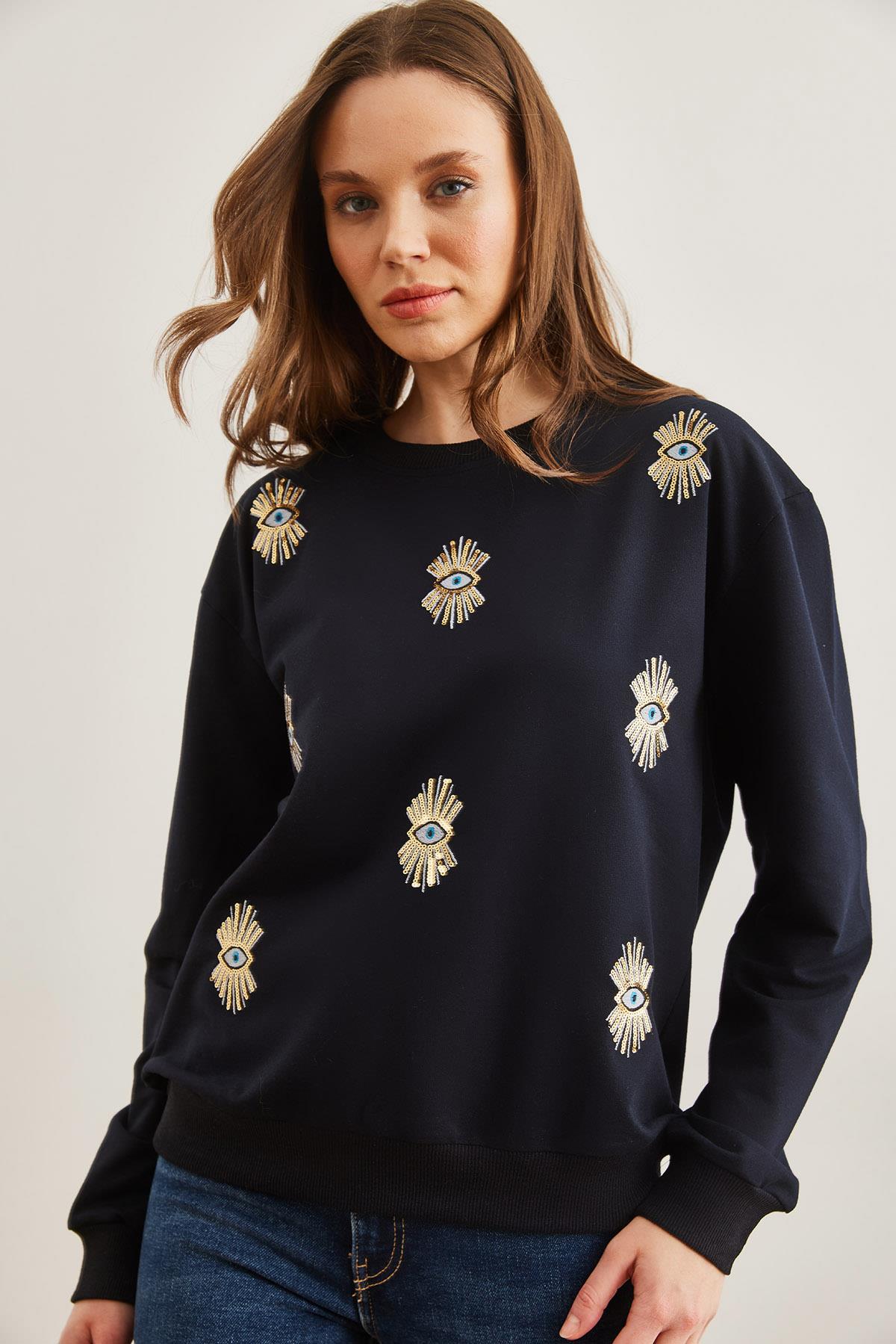 Göz Nakışlı Mevsimlik Sweatshirt Lacivert
