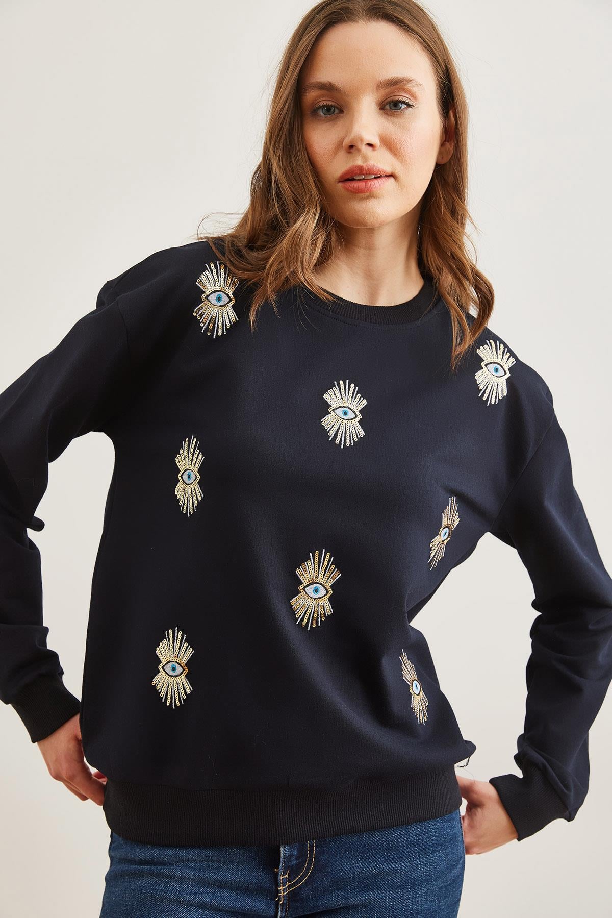 Göz Nakışlı Mevsimlik Sweatshirt Lacivert