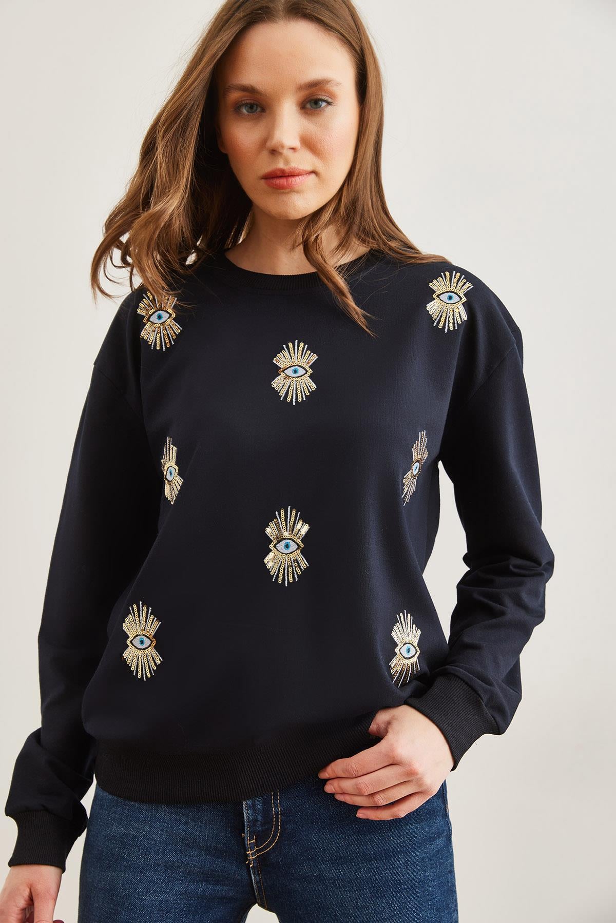 Göz Nakışlı Mevsimlik Sweatshirt Lacivert