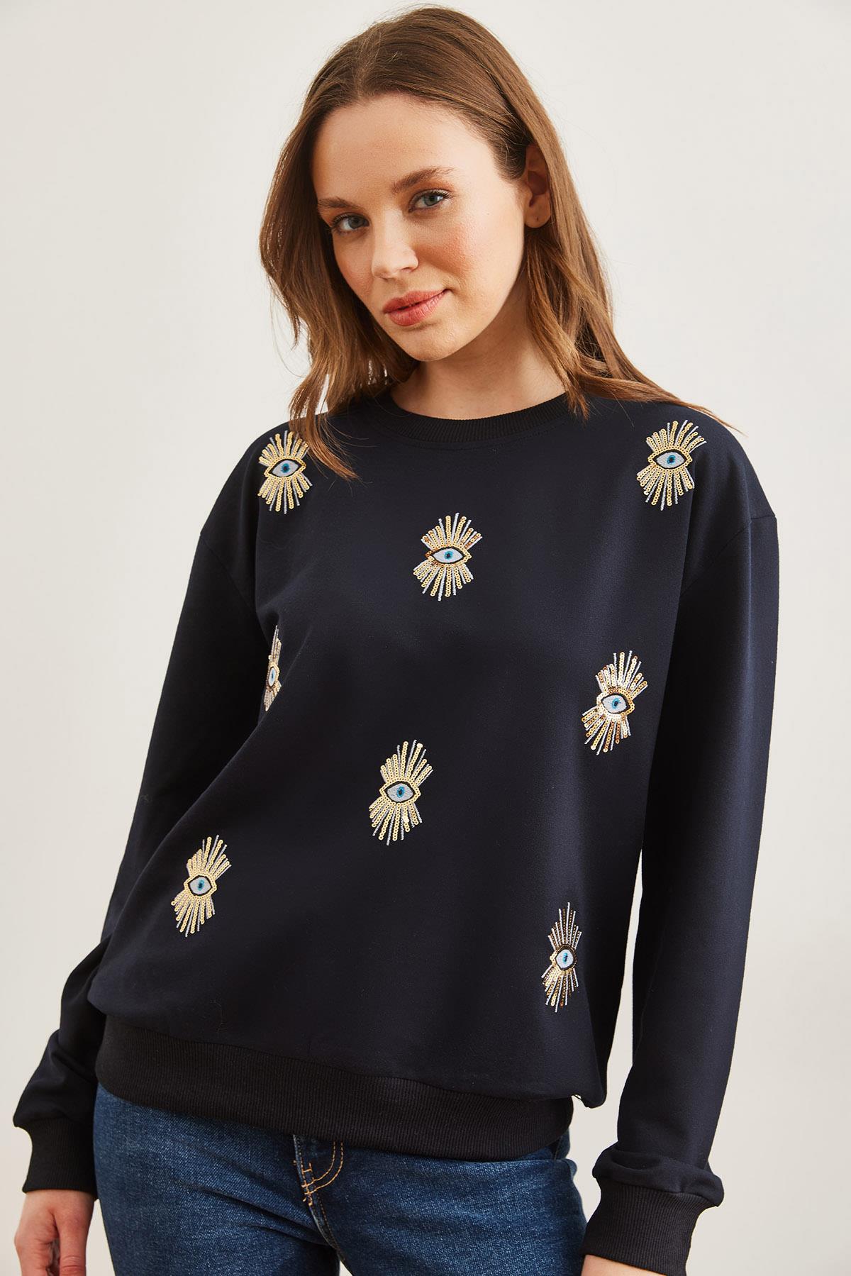 Göz Nakışlı Mevsimlik Sweatshirt Lacivert