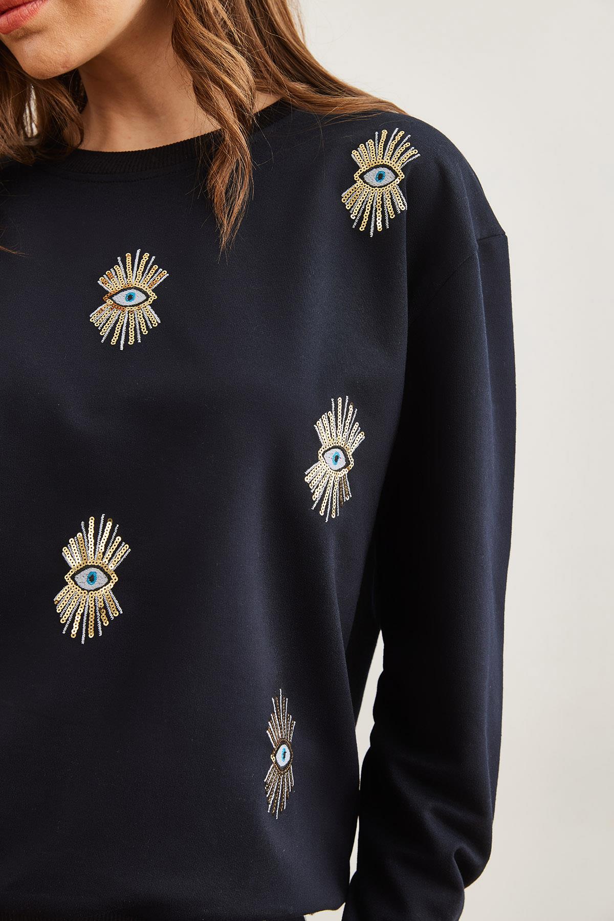 Göz Nakışlı Mevsimlik Sweatshirt Lacivert