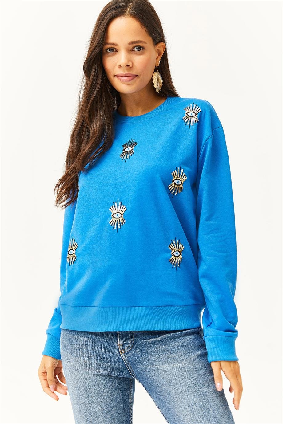 Göz Nakışlı Mevsimlik Sweatshirt Mavi