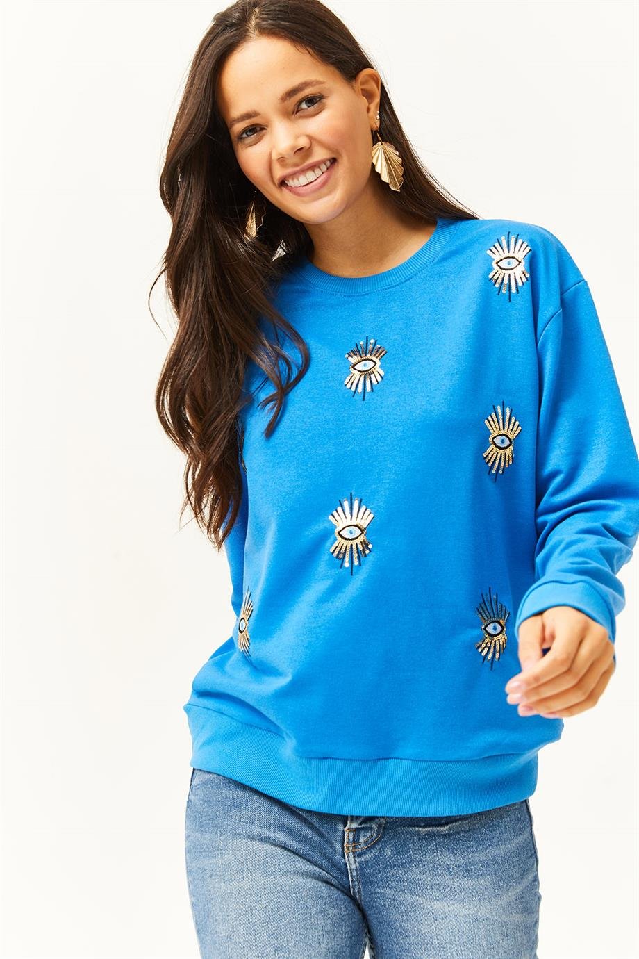 Göz Nakışlı Mevsimlik Sweatshirt Mavi