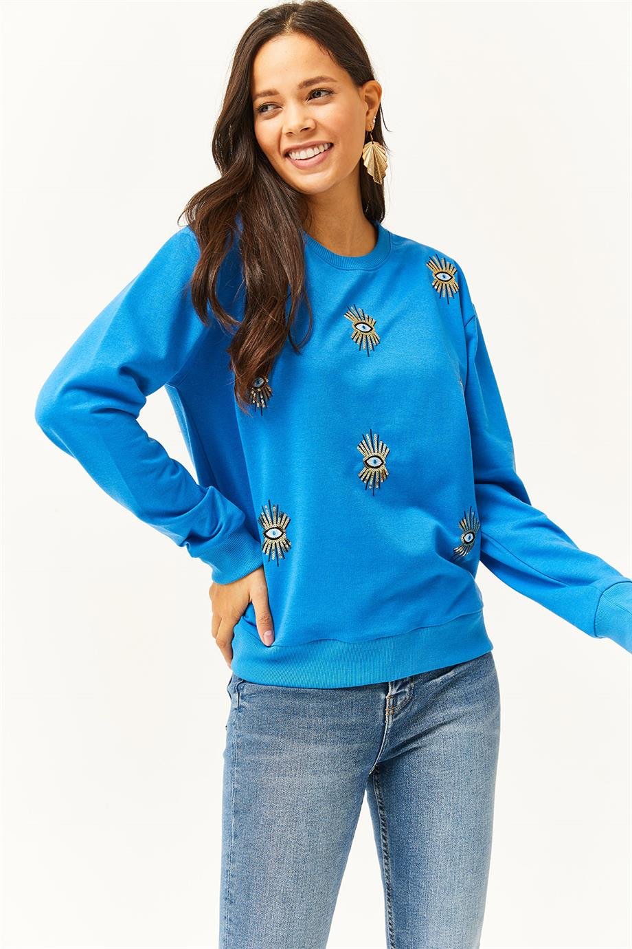 Göz Nakışlı Mevsimlik Sweatshirt Mavi