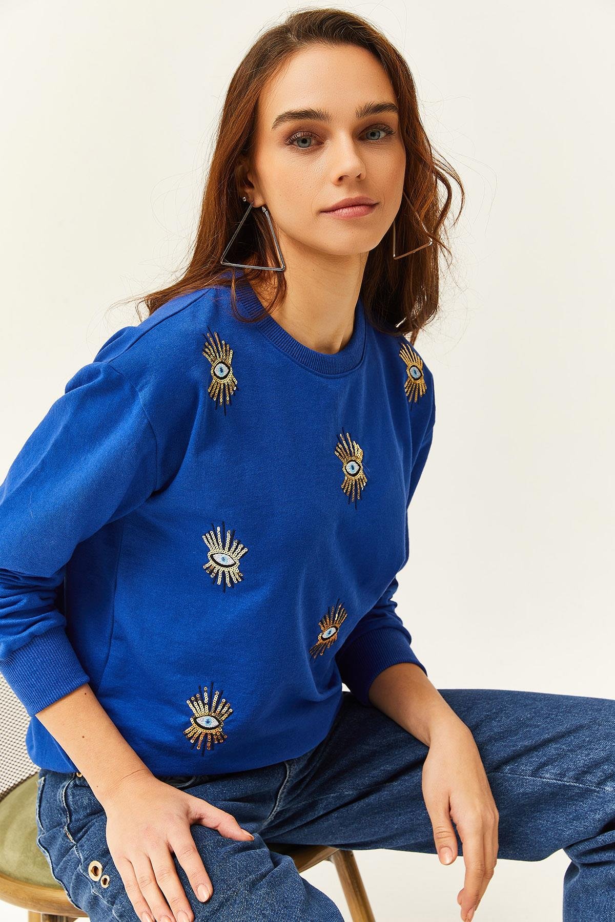 Göz Nakışlı Mevsimlik Sweatshirt Saks Mavi