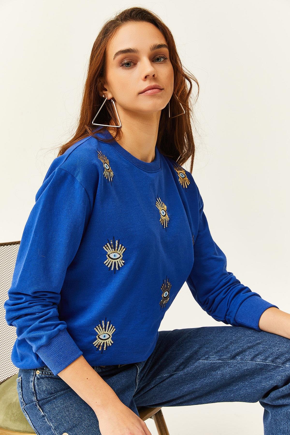 Göz Nakışlı Mevsimlik Sweatshirt Saks Mavi