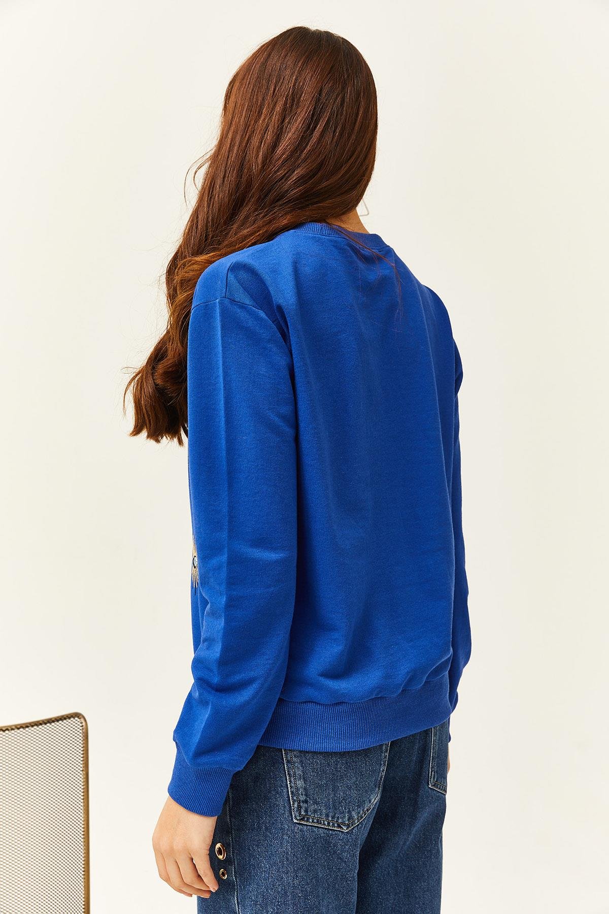 Göz Nakışlı Mevsimlik Sweatshirt Saks Mavi