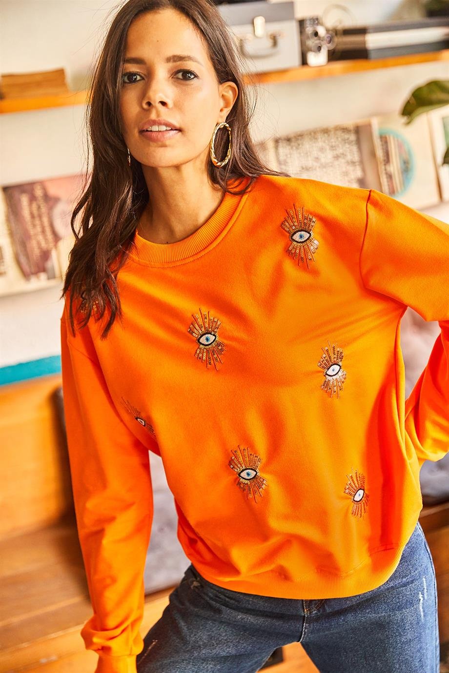 Göz Nakışlı Mevsimlik Sweatshirt Turuncu