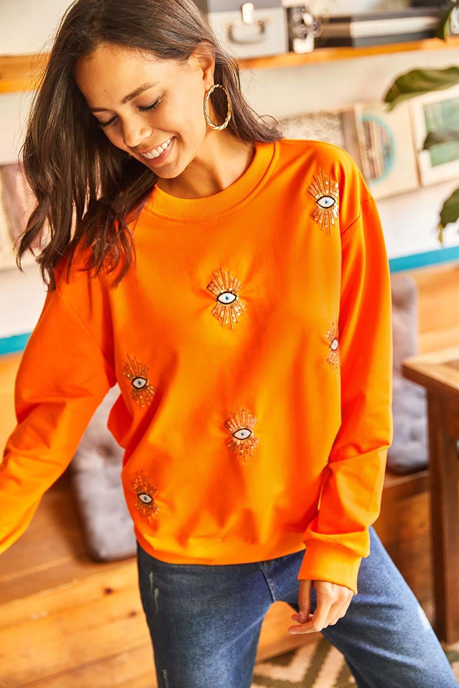 Göz Nakışlı Mevsimlik Sweatshirt Turuncu