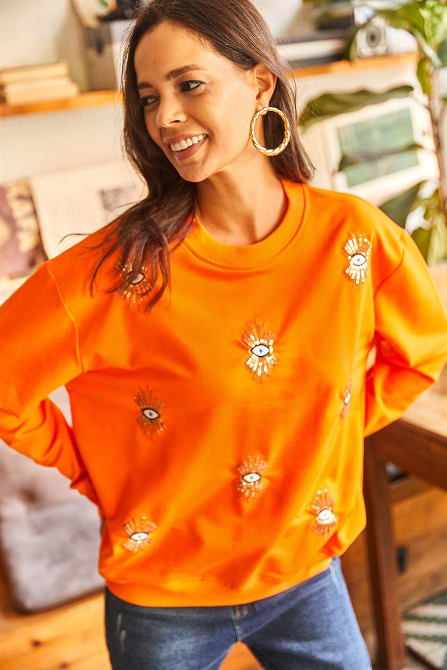 Göz Nakışlı Mevsimlik Sweatshirt Turuncu
