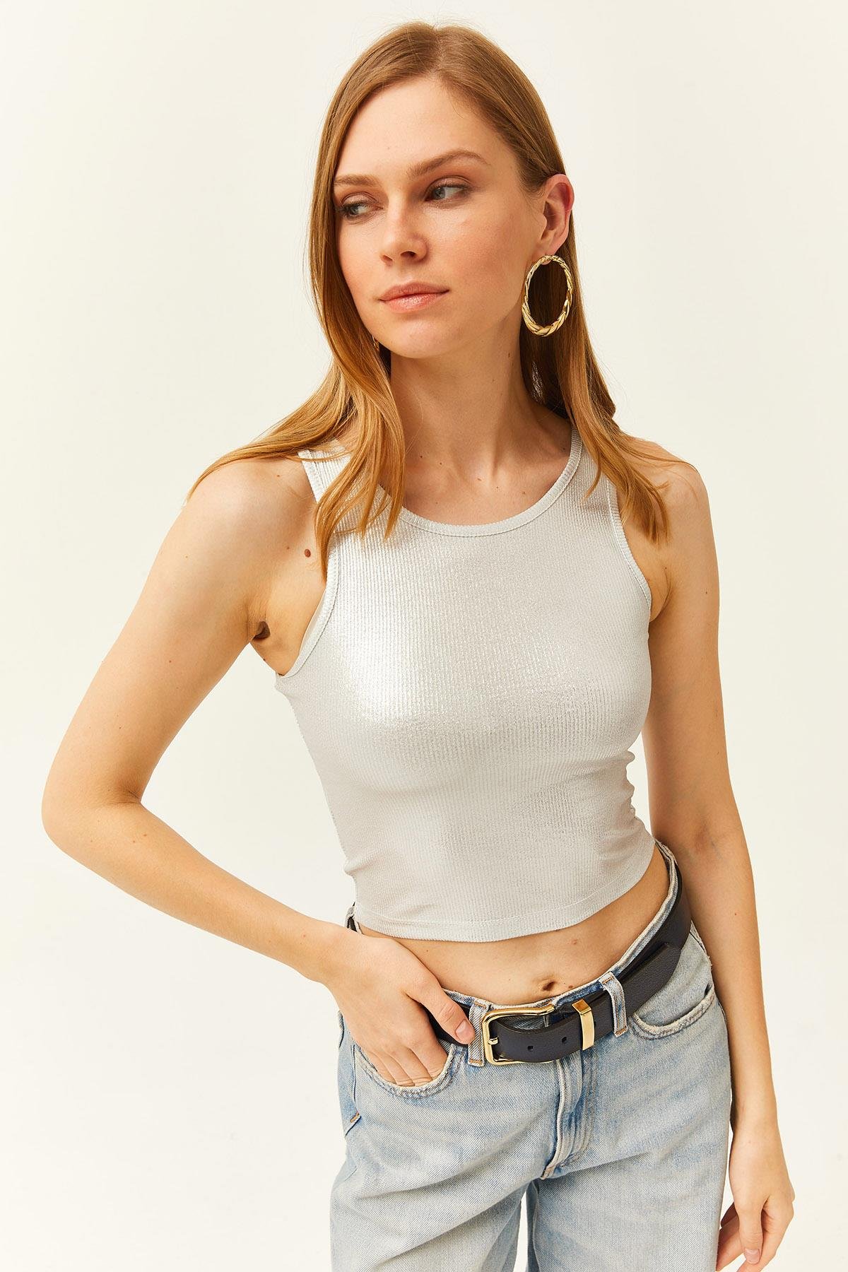 Halter Yaka Likralı Metalik Bluz Ekru