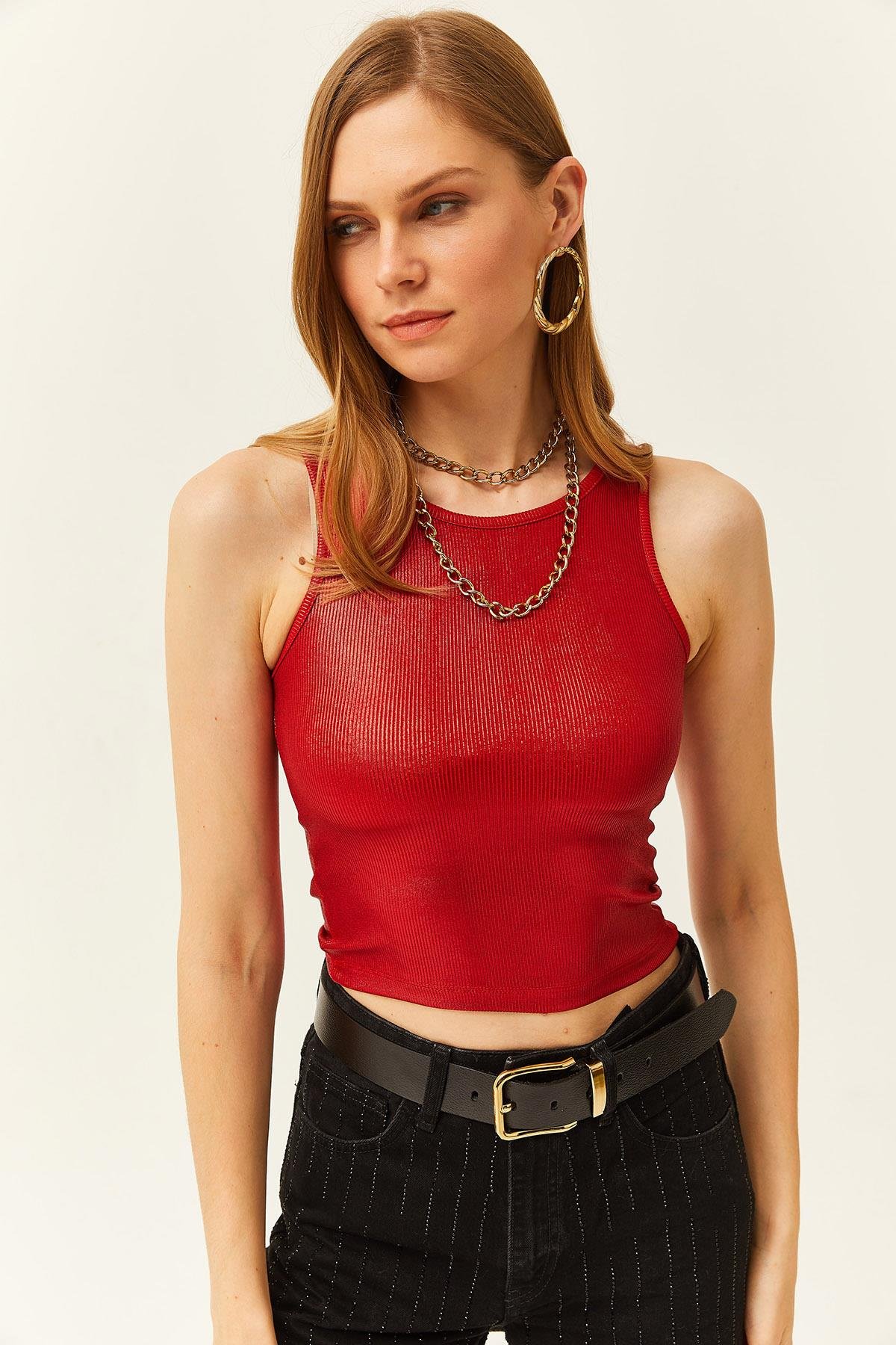 Halter Yaka Likralı Metalik Bluz Kırmızı