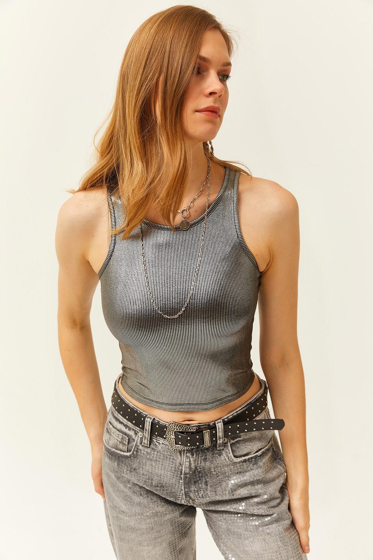 Halter Yaka Likralı Metalik Bluz Koyu Gri