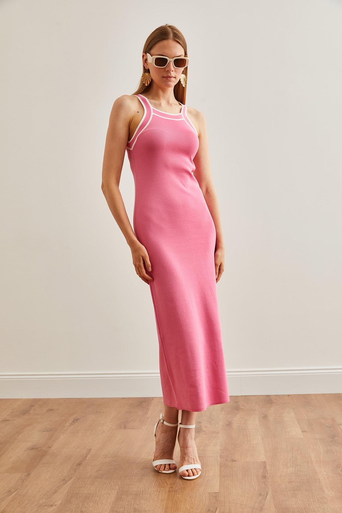 Halter Yaka Maxi Triko Elbise Pembe