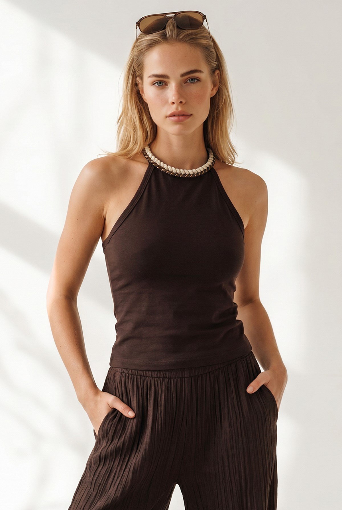 Halter Yaka Zincir Garnili Fitted Esnek Ribana Bluz Kahverengi