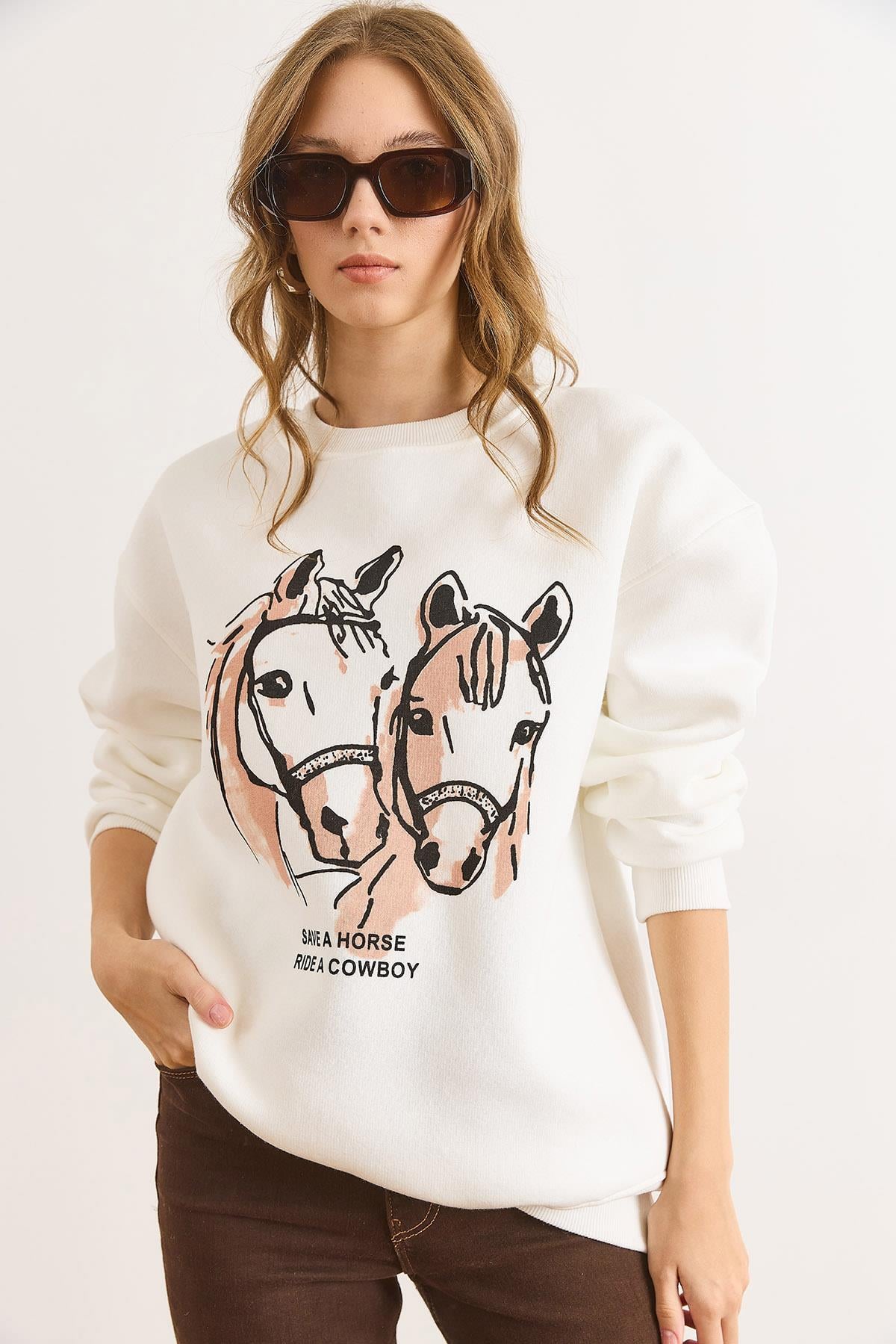 Horses Şardonlu Kalın Sweatshirt Beyaz