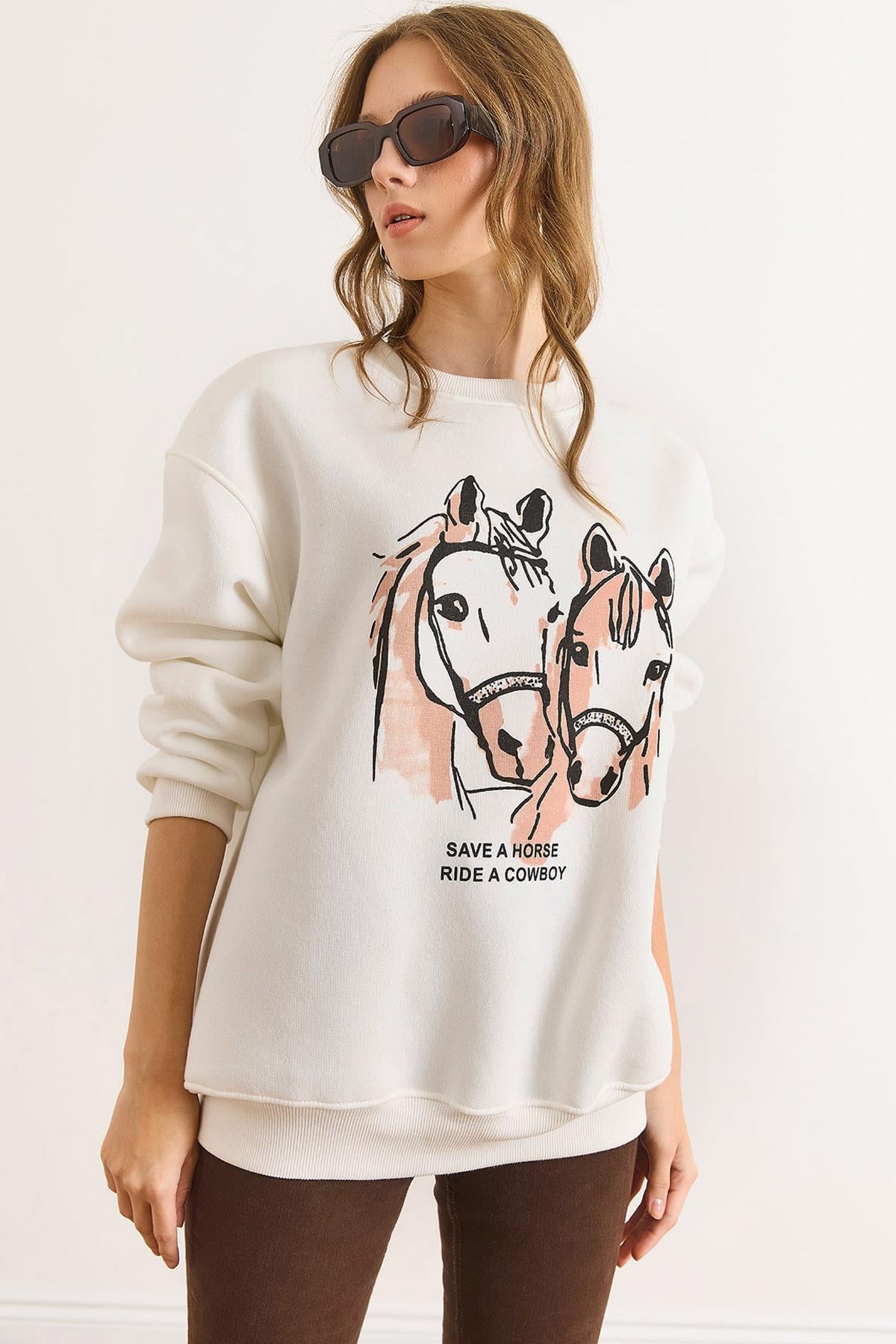 Horses Şardonlu Kalın Sweatshirt Beyaz