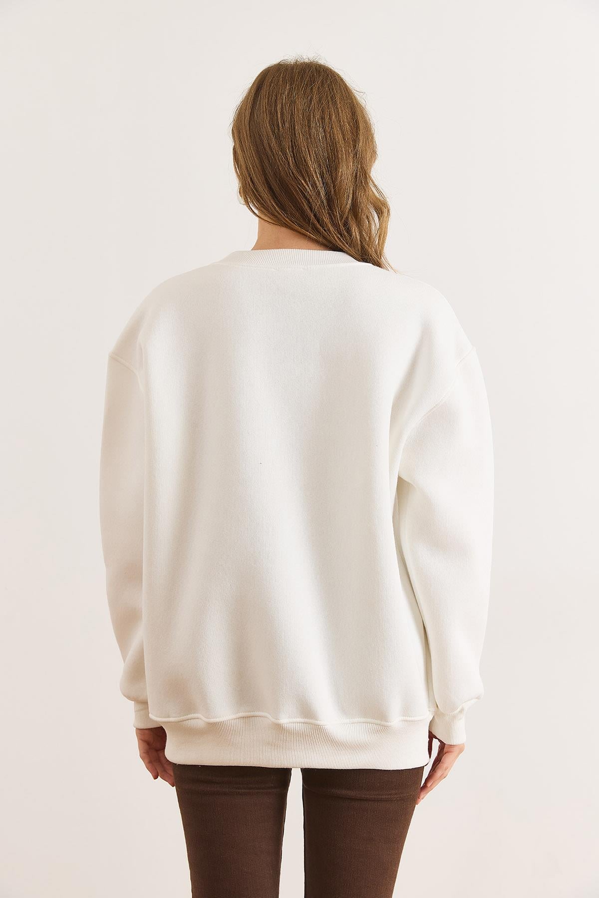 Horses Şardonlu Kalın Sweatshirt Beyaz