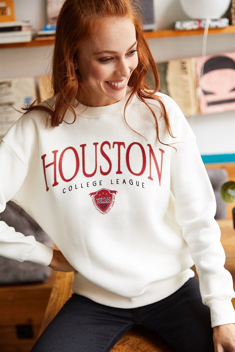 Houston Baskılı Şardonlu Sweatshirt Ekru