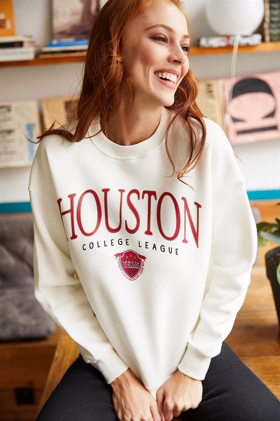Houston Baskılı Şardonlu Sweatshirt Ekru