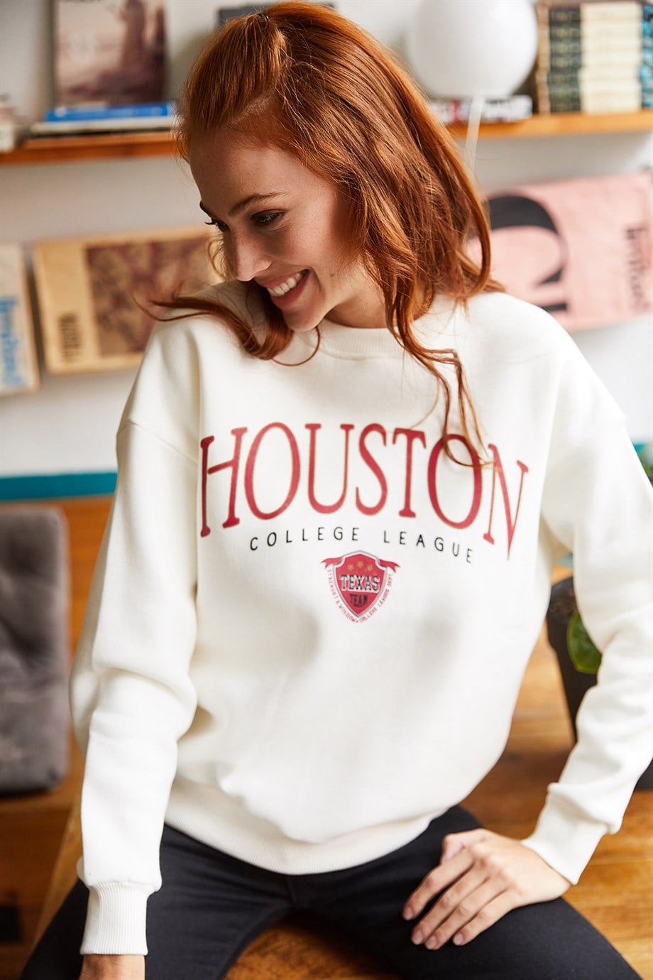 Houston Baskılı Şardonlu Sweatshirt Ekru