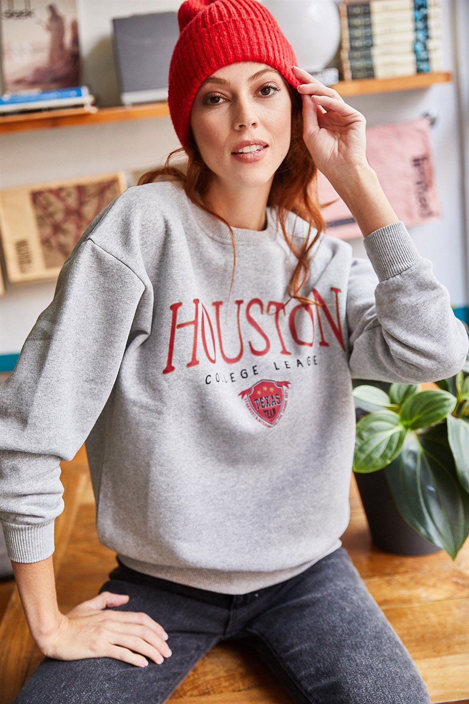 Houston Baskılı Şardonlu Sweatshirt Gri