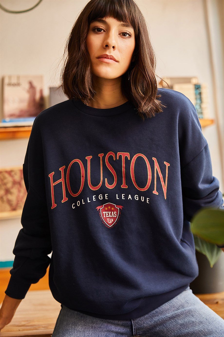 Houston Baskılı Şardonlu Sweatshirt Lacivert