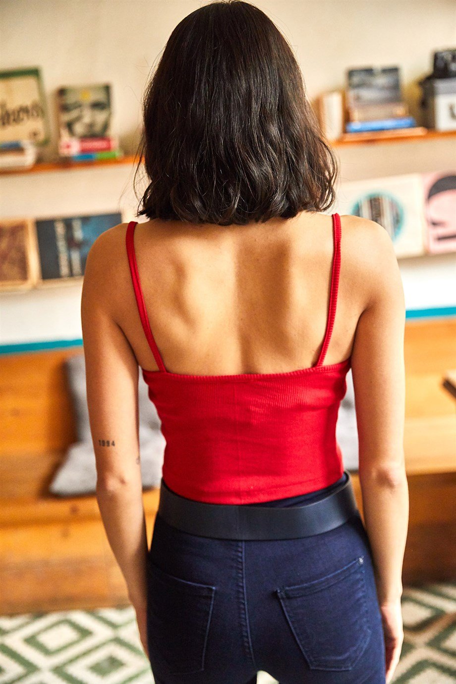 İnce Askılı 2'li Likralı Örme Crop Bluz Yeşil Kırmızı