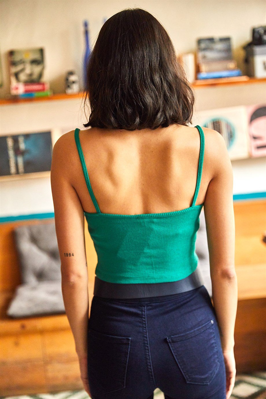 İnce Askılı 2'li Likralı Örme Crop Bluz Yeşil Kırmızı