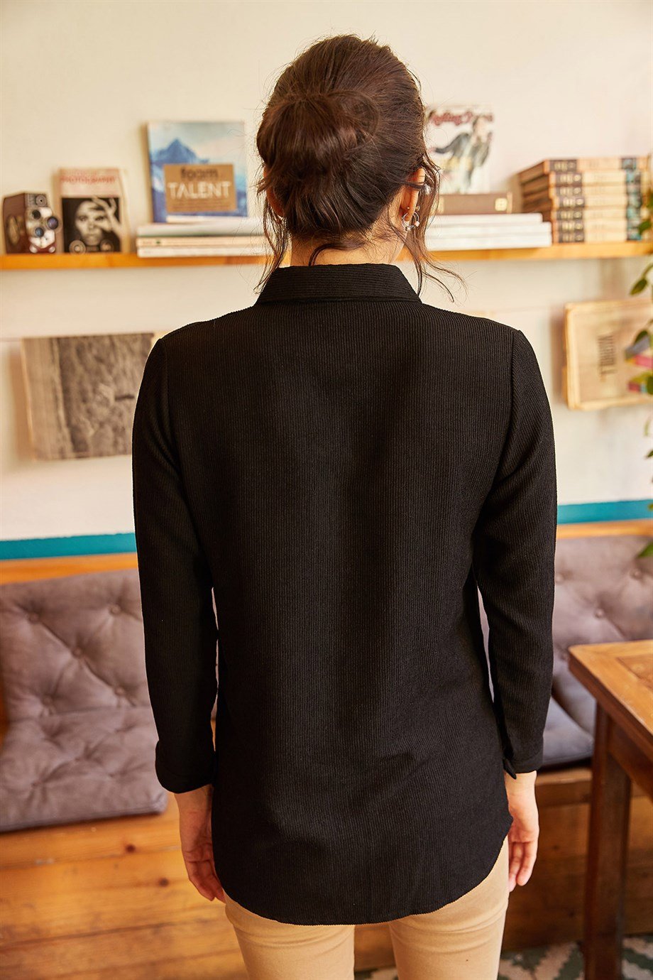 İnce Fitilli Kadife Gömlek Siyah