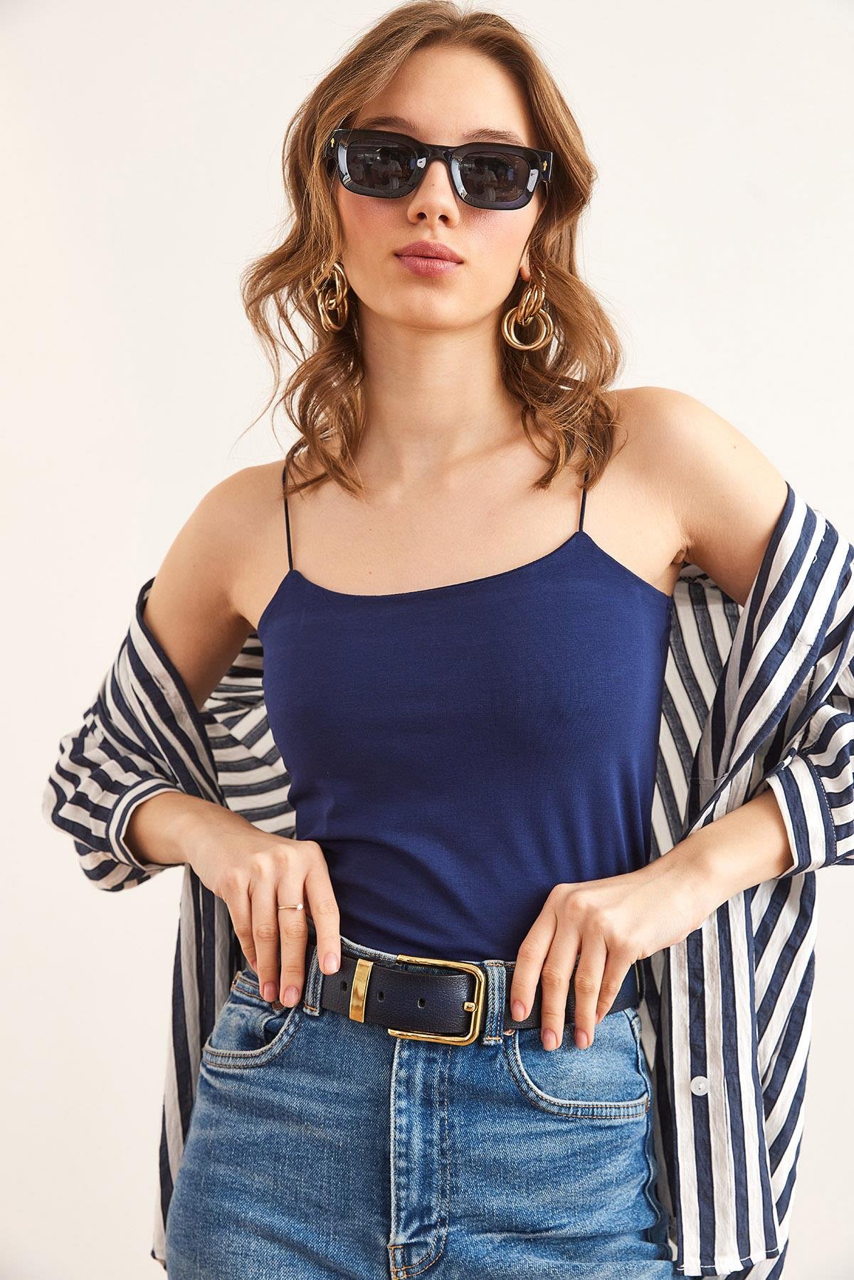 İp Askılı Likralı Body Lacivert