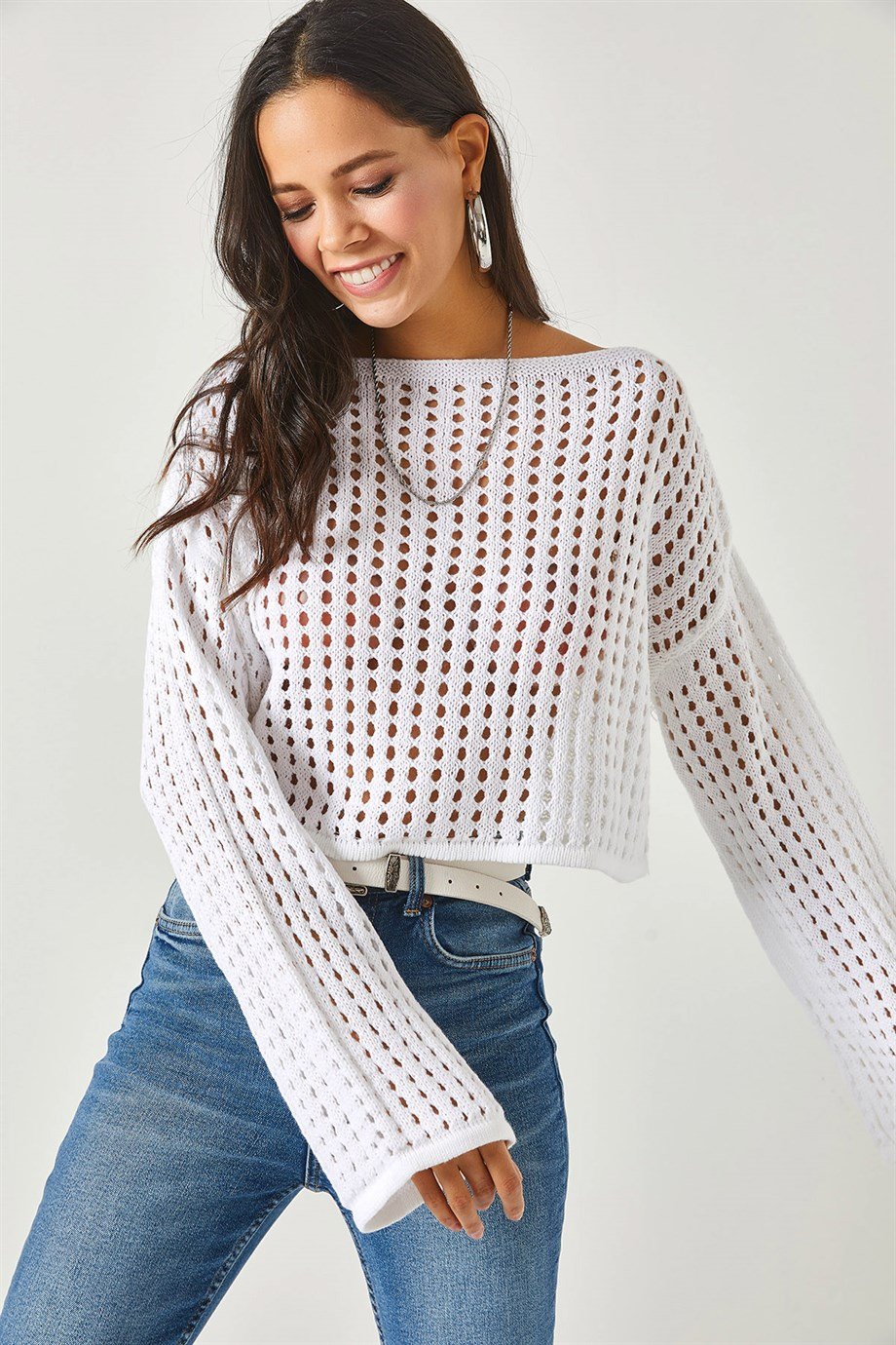 İspanyol Kol Ajurlu Crop Triko Bluz Beyaz