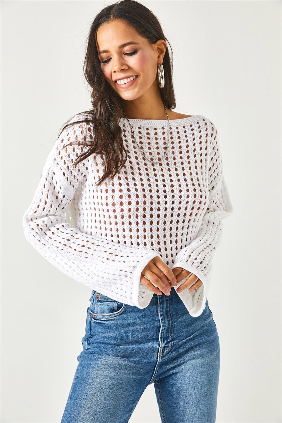 İspanyol Kol Ajurlu Crop Triko Bluz Beyaz