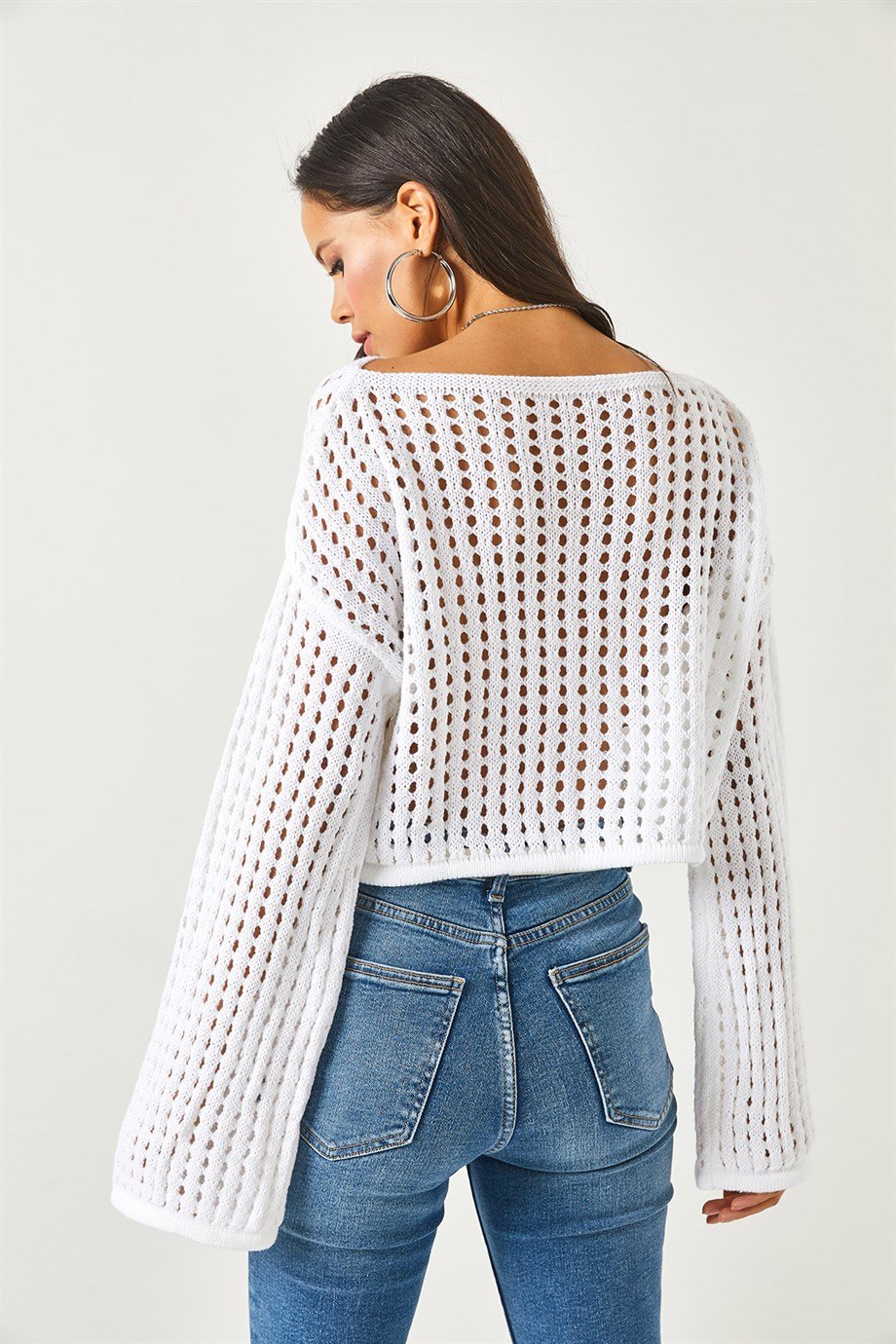 İspanyol Kol Ajurlu Crop Triko Bluz Beyaz