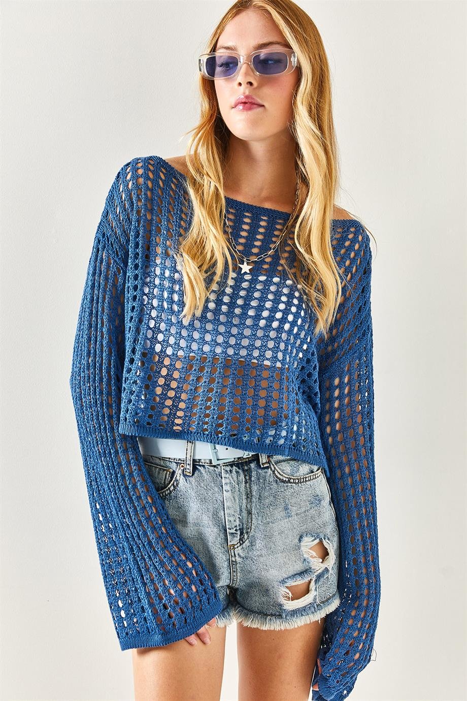 İspanyol Kol Ajurlu Crop Triko Bluz İndigo