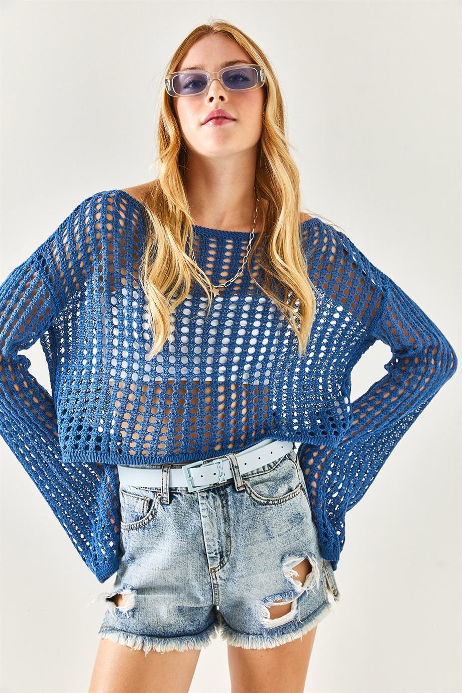 İspanyol Kol Ajurlu Crop Triko Bluz İndigo