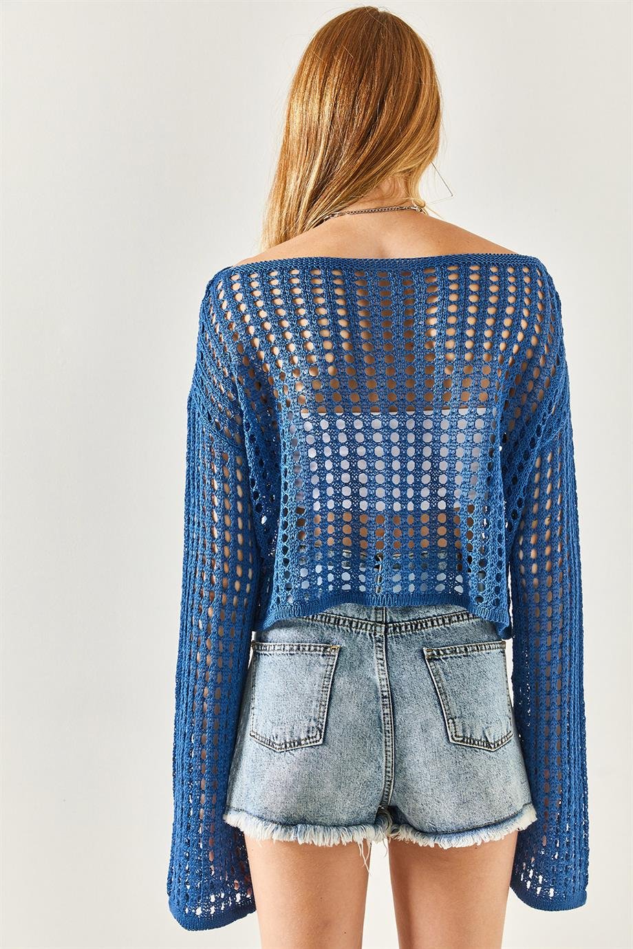 İspanyol Kol Ajurlu Crop Triko Bluz İndigo