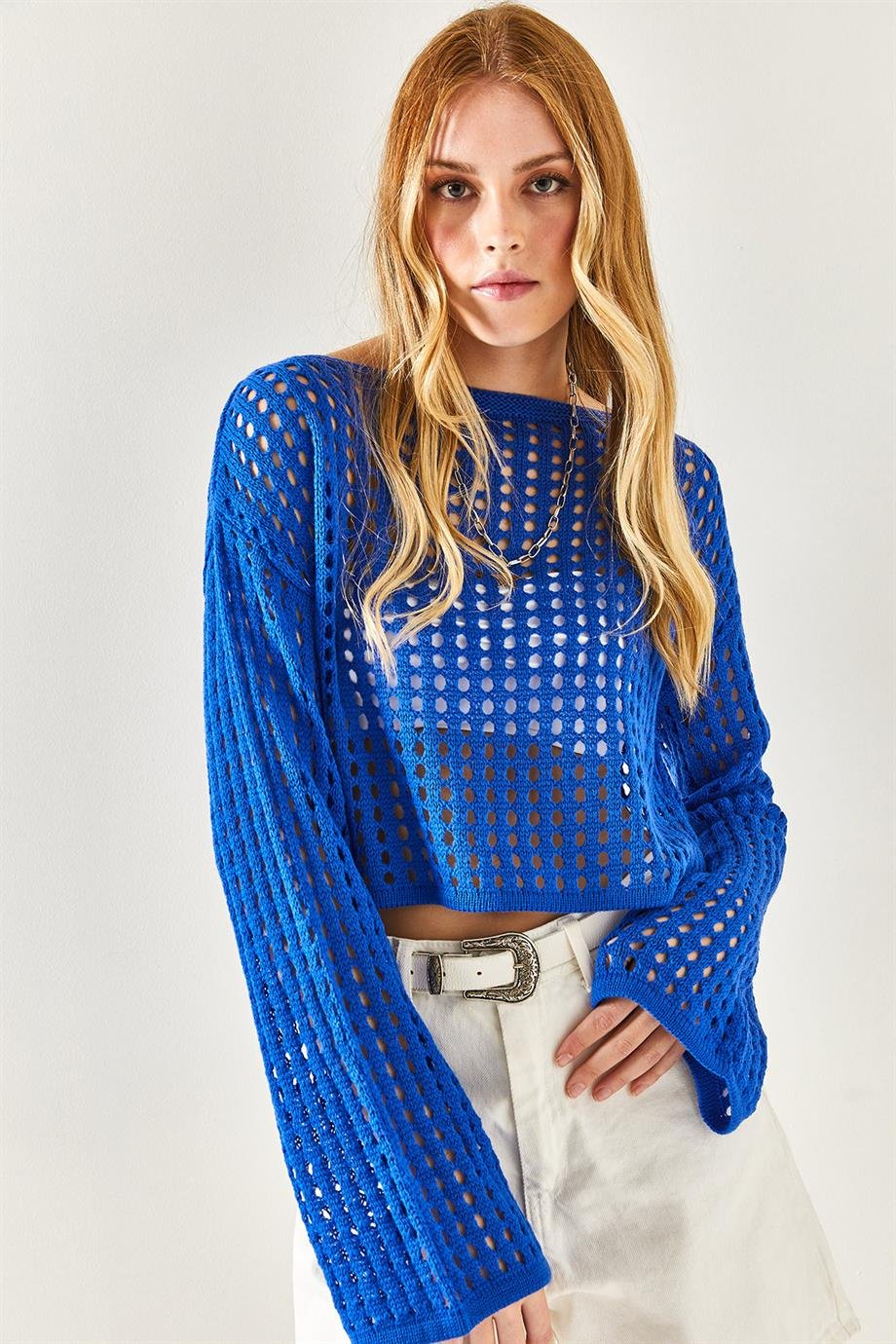 İspanyol Kol Ajurlu Crop Triko Bluz Saks Mavi