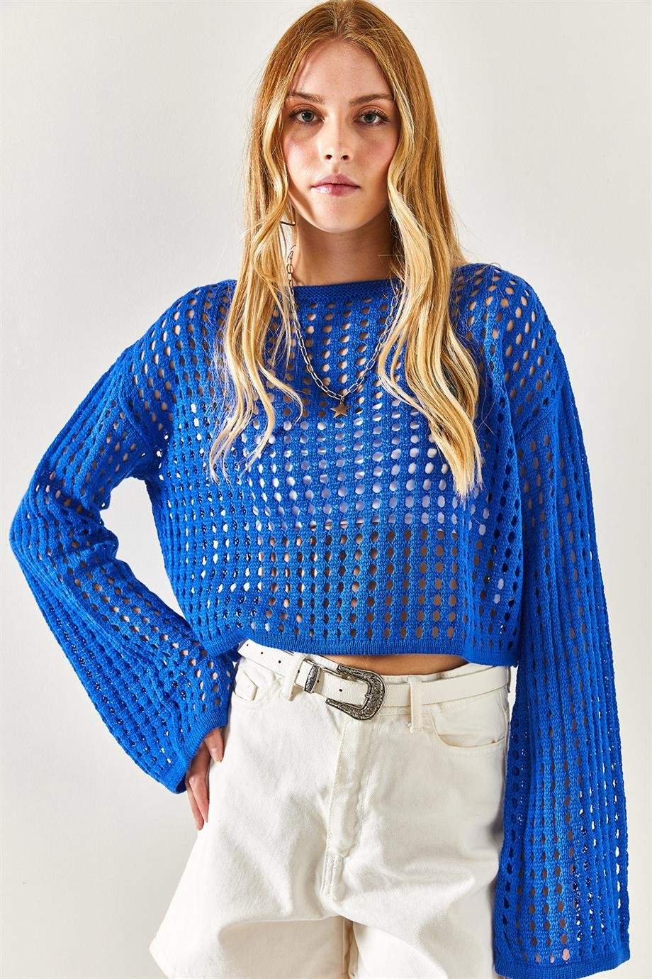 İspanyol Kol Ajurlu Crop Triko Bluz Saks Mavi