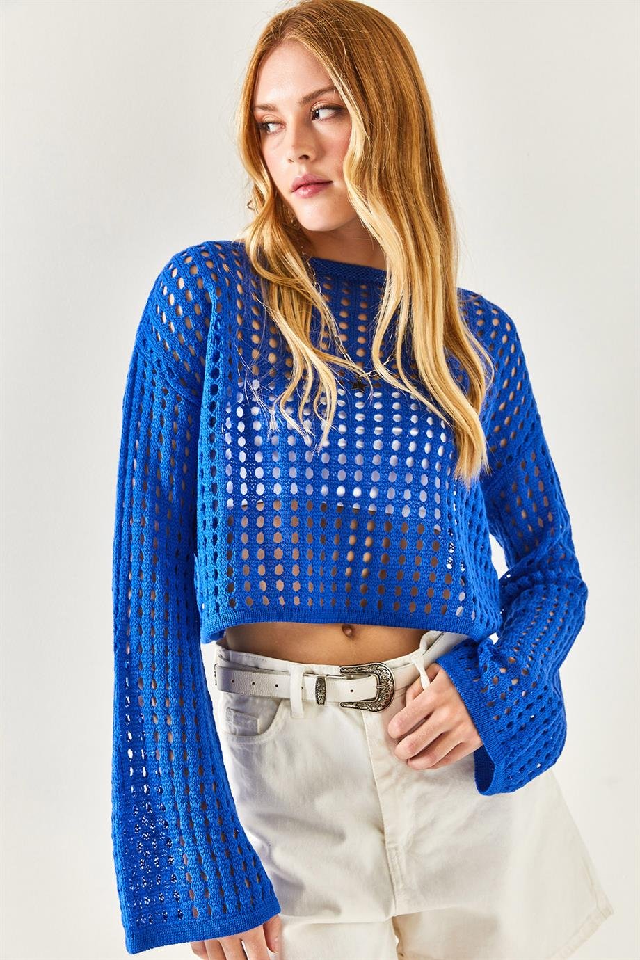İspanyol Kol Ajurlu Crop Triko Bluz Saks Mavi