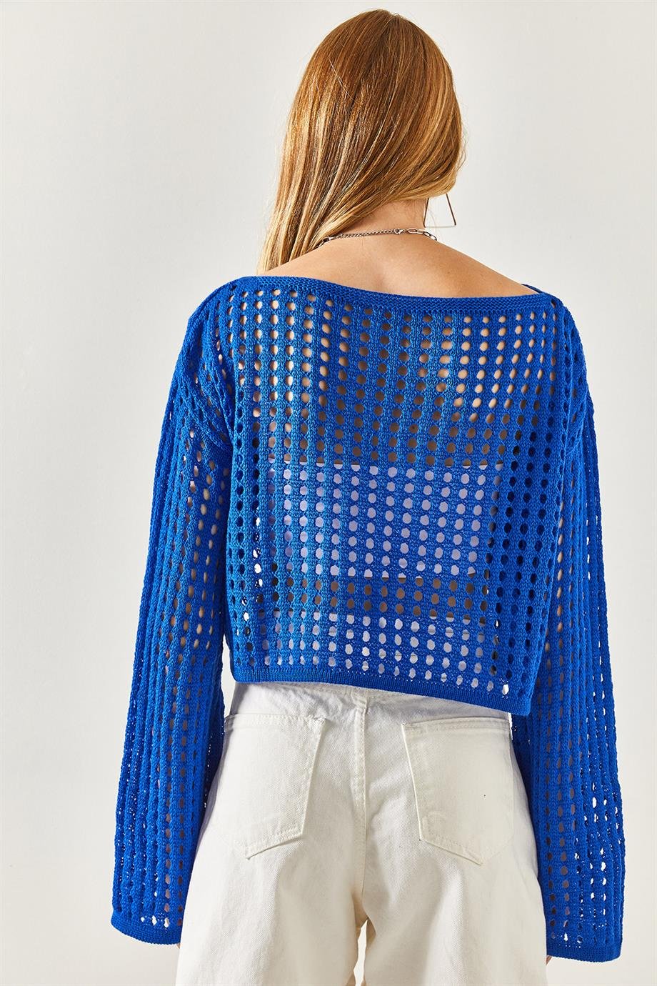 İspanyol Kol Ajurlu Crop Triko Bluz Saks Mavi