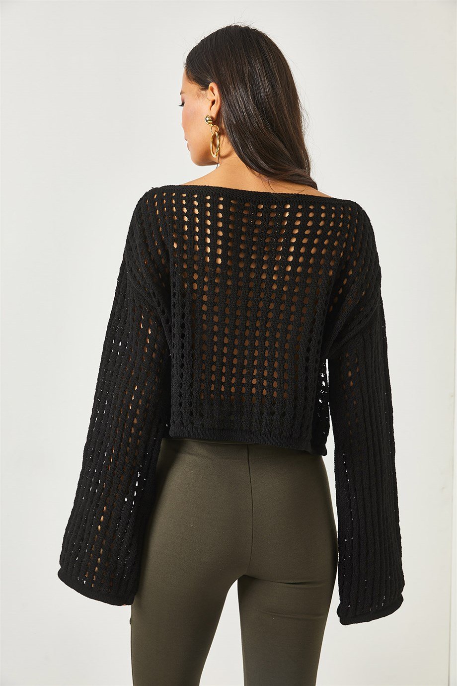 İspanyol Kol Ajurlu Crop Triko Bluz Siyah