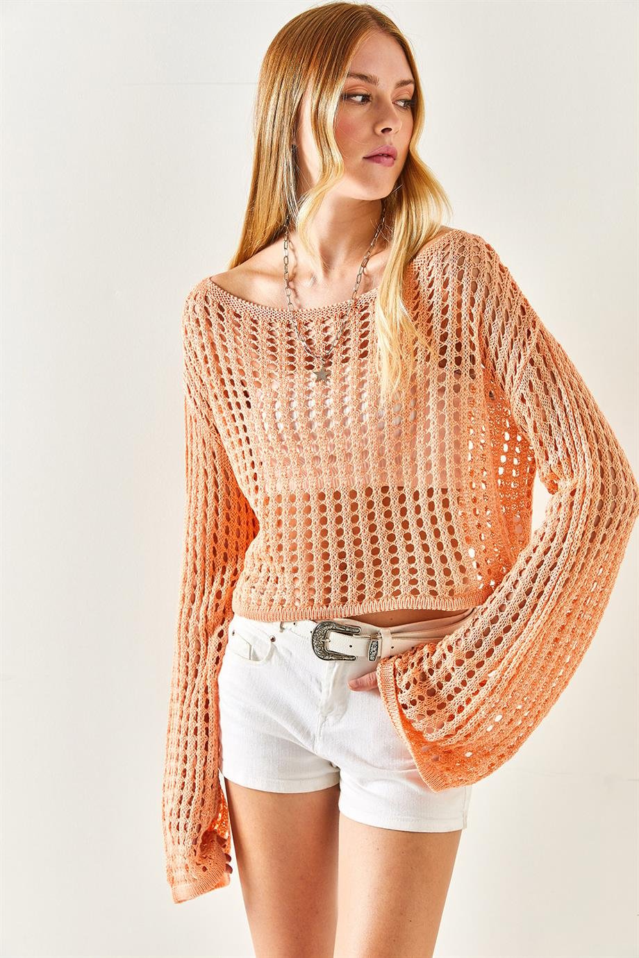 İspanyol Kol Ajurlu Crop Triko Bluz Somon