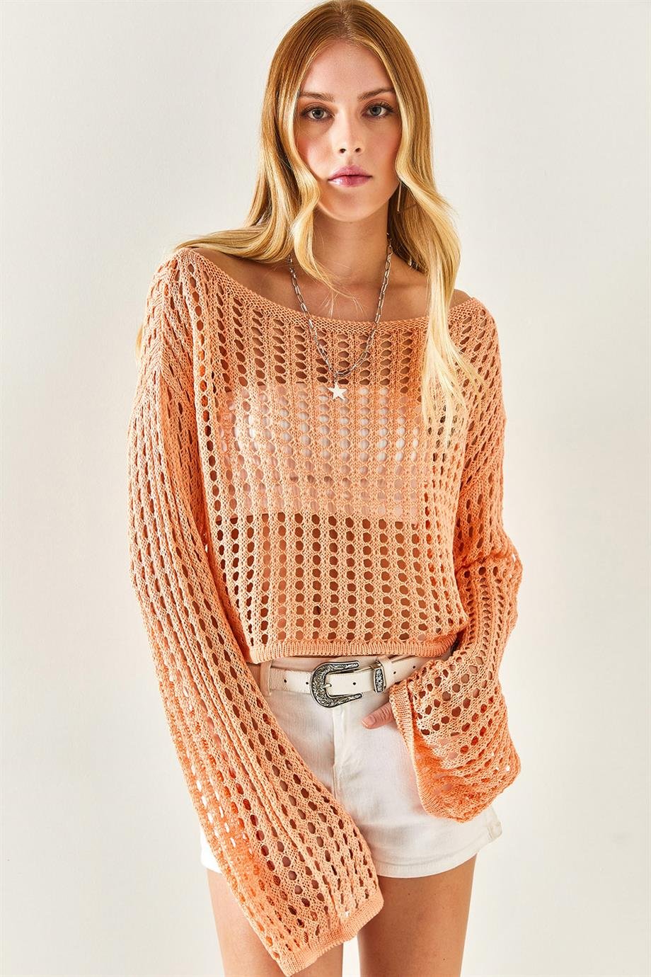İspanyol Kol Ajurlu Crop Triko Bluz Somon