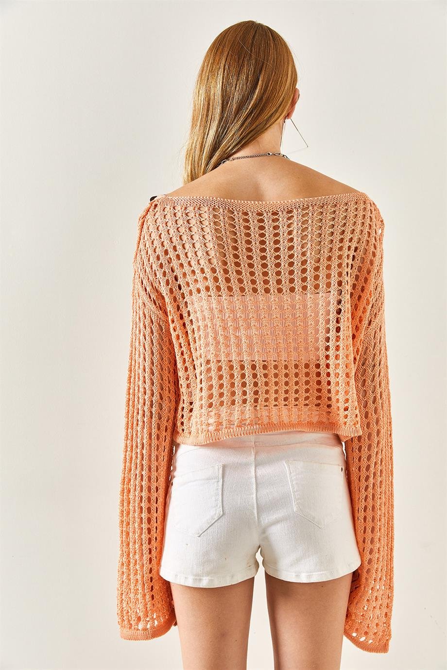 İspanyol Kol Ajurlu Crop Triko Bluz Somon