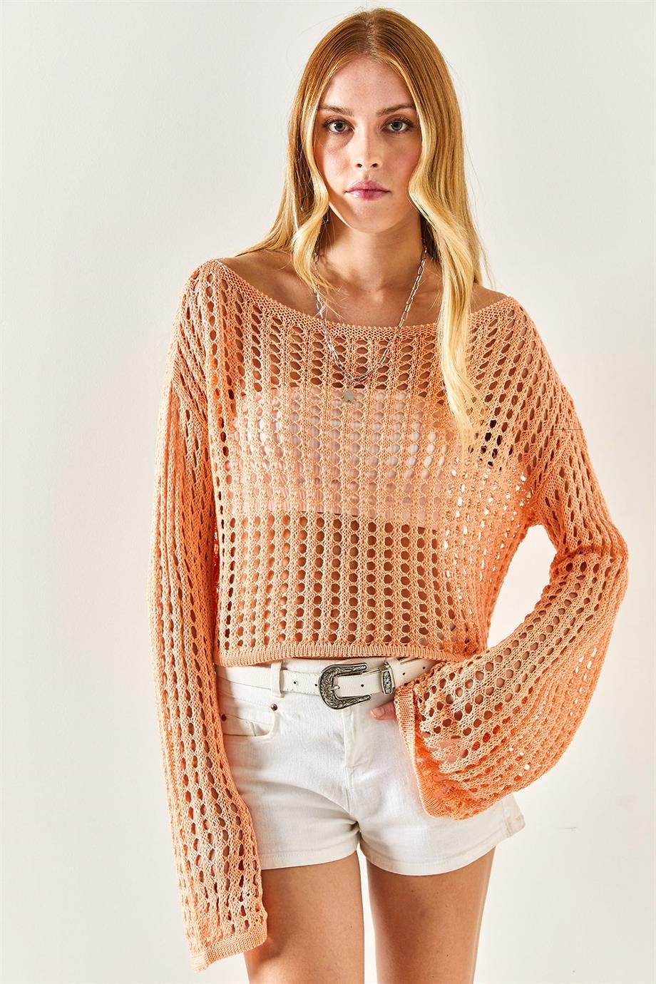 İspanyol Kol Ajurlu Crop Triko Bluz Somon