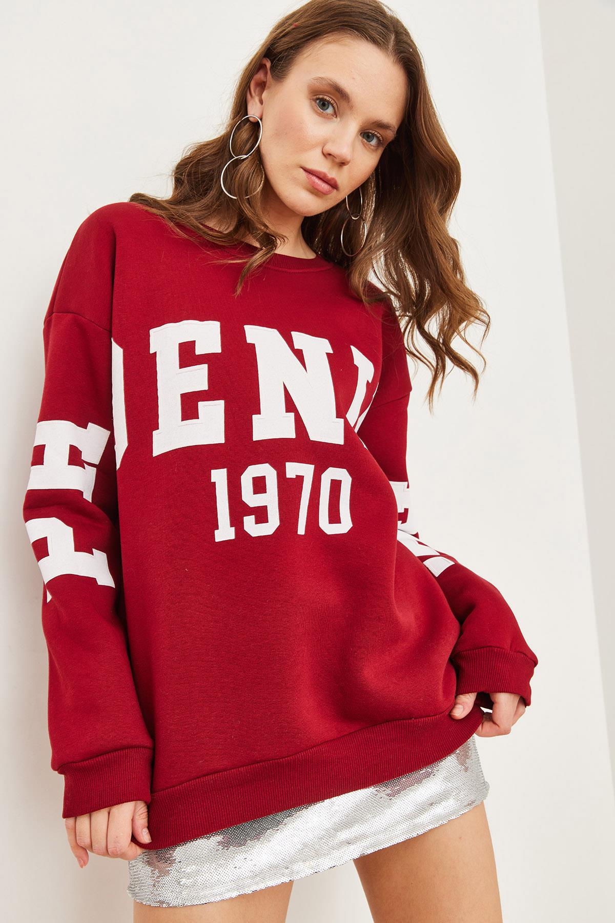 Kabartma Baskılı Oversize Şardonlu Sweatshirt Bordo