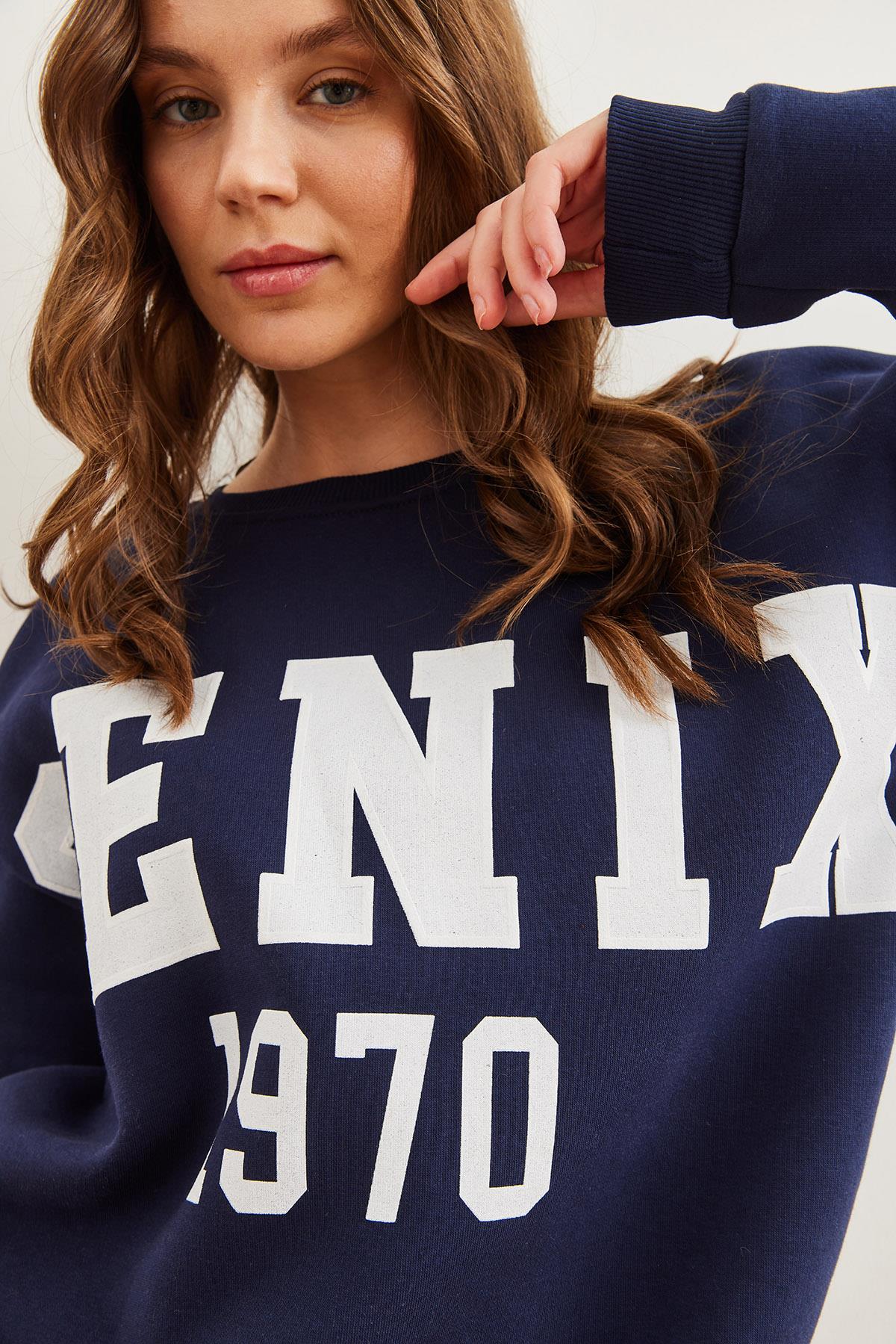 Kabartma Baskılı Oversize Şardonlu Sweatshirt Lacivert